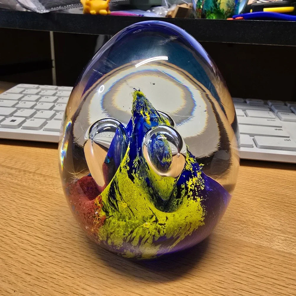 Vintage Art Glass Egg Paperweight Blue Yellow Red Controlled Bubble Swirl 3.75in